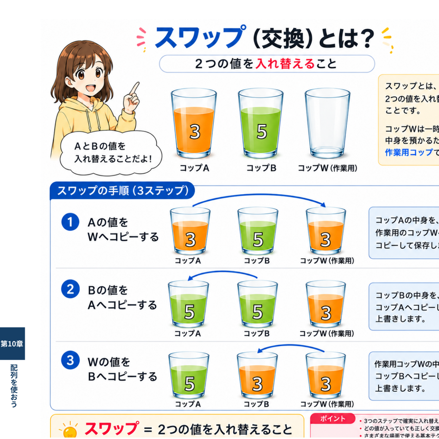一時変数を使って値を交換する流れを説明する図